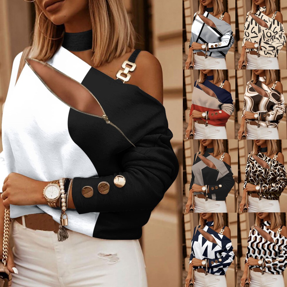 Off Shoulder Blouse - Women's Off Shoulder Blouse with Button