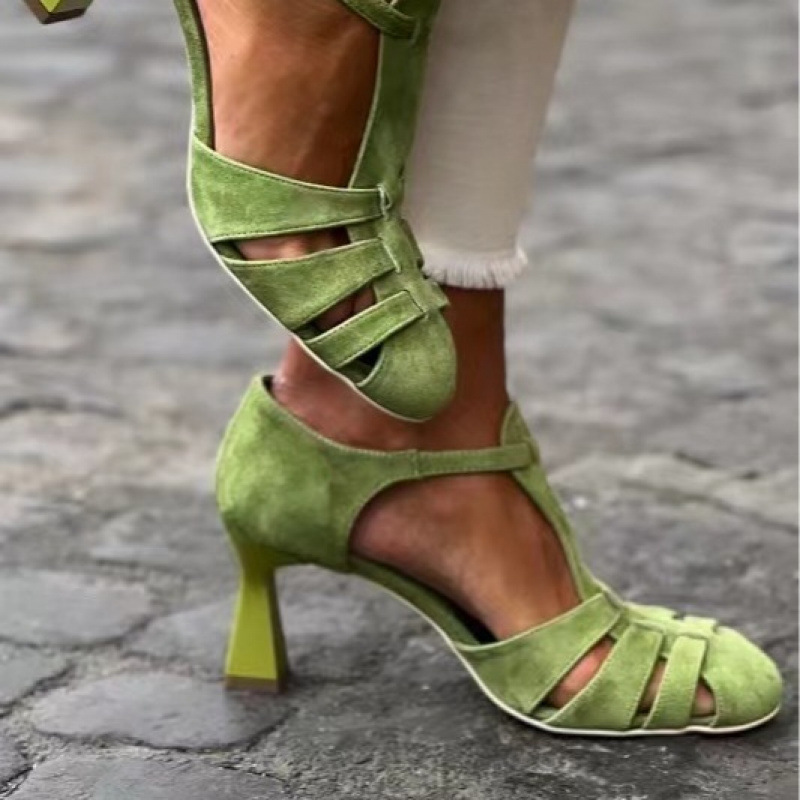 Summer Clothing Modest - Women's Green Suede Kitten Heel T-Strap