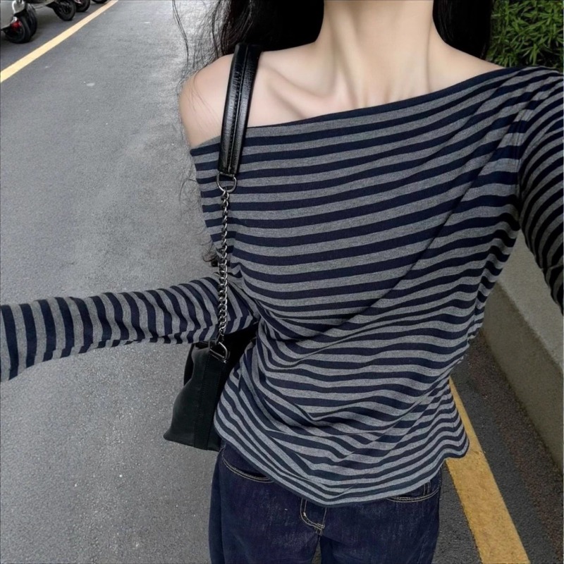 Off Shoulder Blouse - Women Vintage Striped Off Shoulder Long