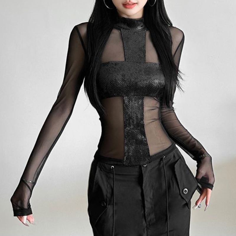 Off Shoulder Blouse - American Style Mesh Long Sleeved Bodysuit
