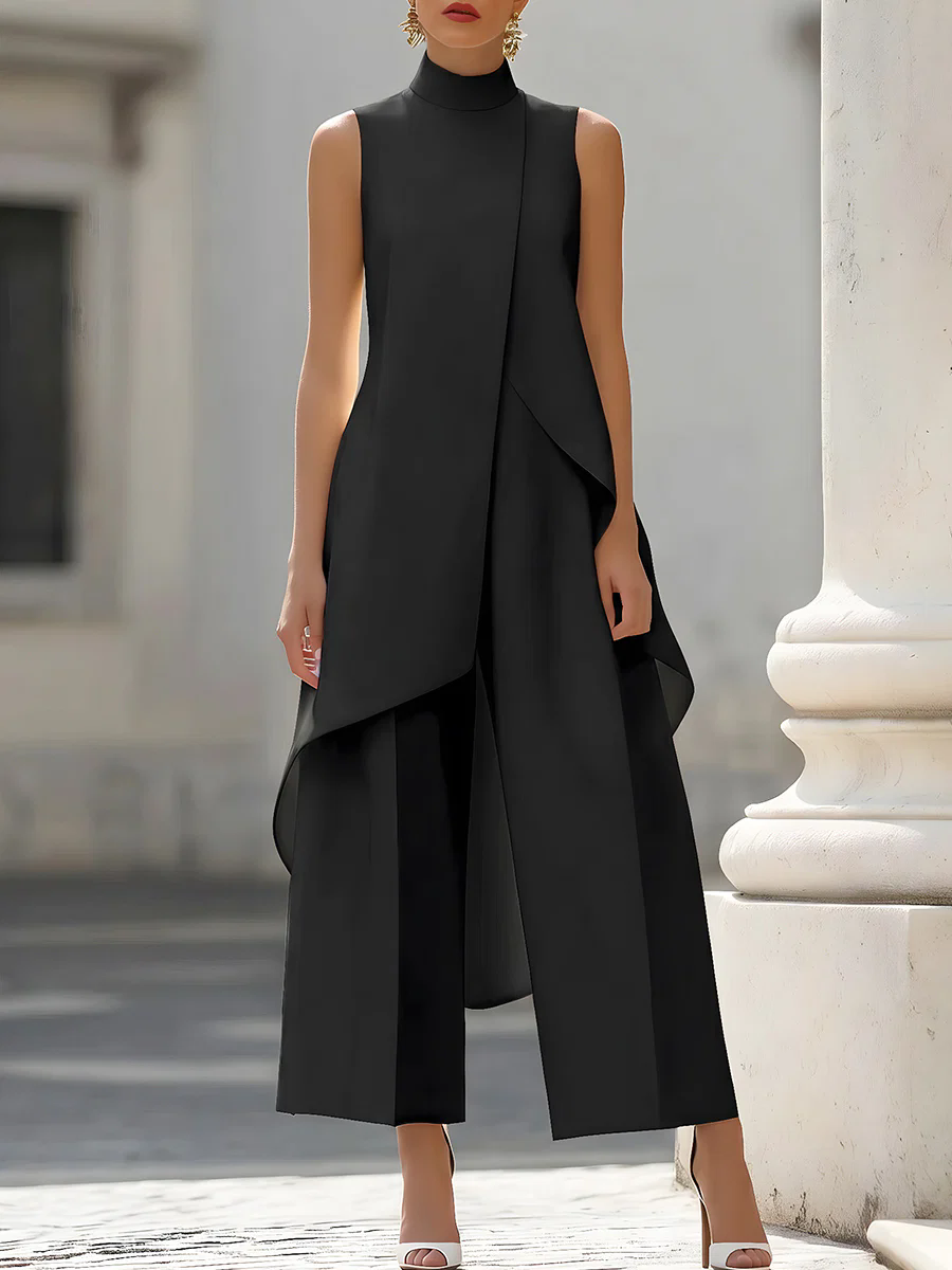 Palazzo Pant Wide - Sleeveless High Neck Asymmetrical Overlay Jumpsuit