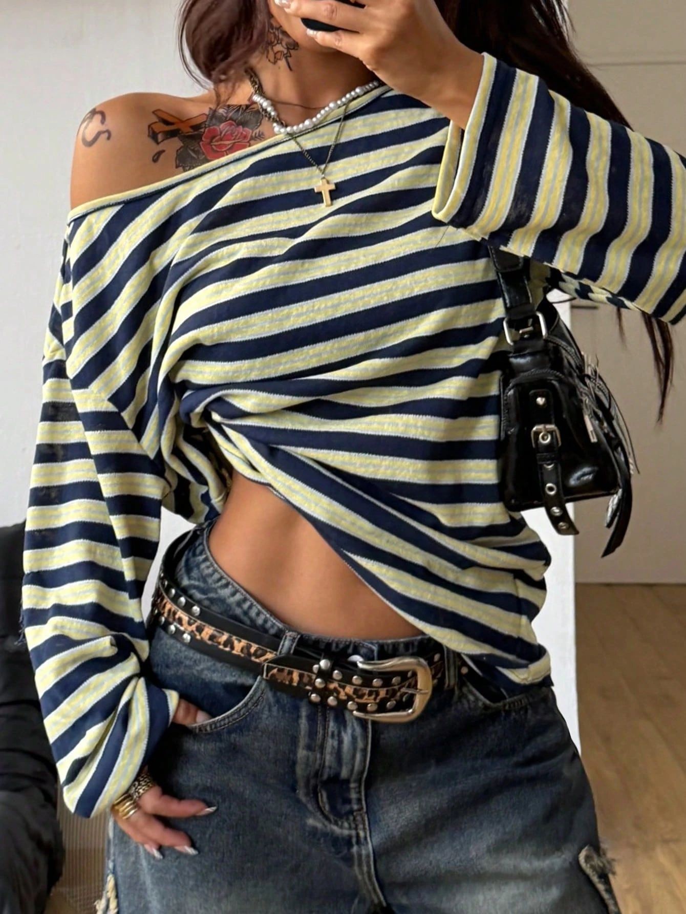 Women's Oversized Striped Blue - đánh giá và giá Off Shoulder Blouse